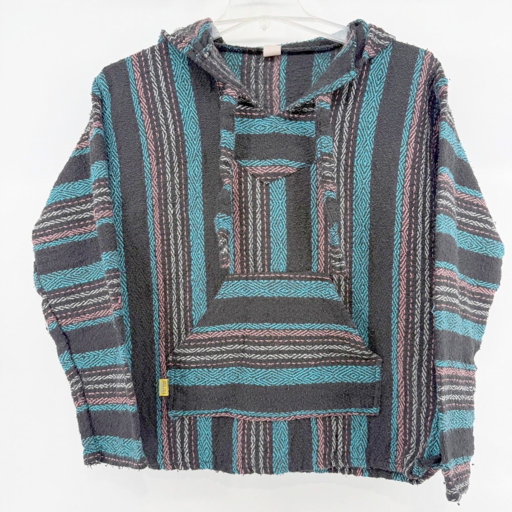 Molina‎ Baja Hoodie Pullover Black Teal Pink Stripe Poncho Blanket Lined
